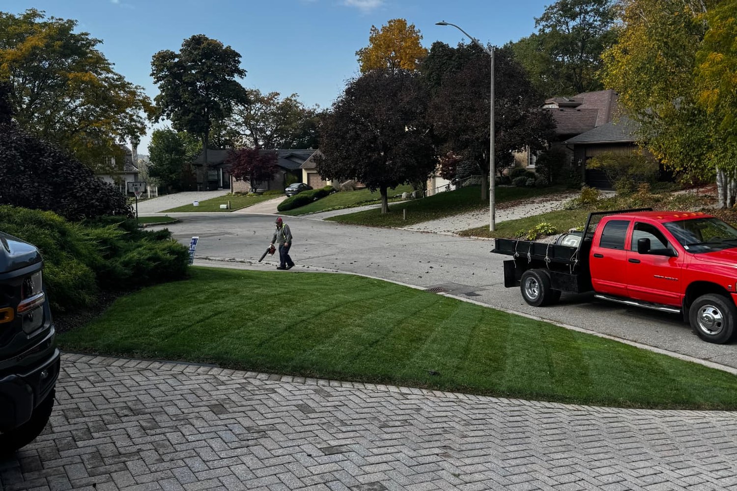 Freshly mowed striped front lawn at a Brantford, Ontario home, with a crew member clearing clippings and a red work truck at the curb.
