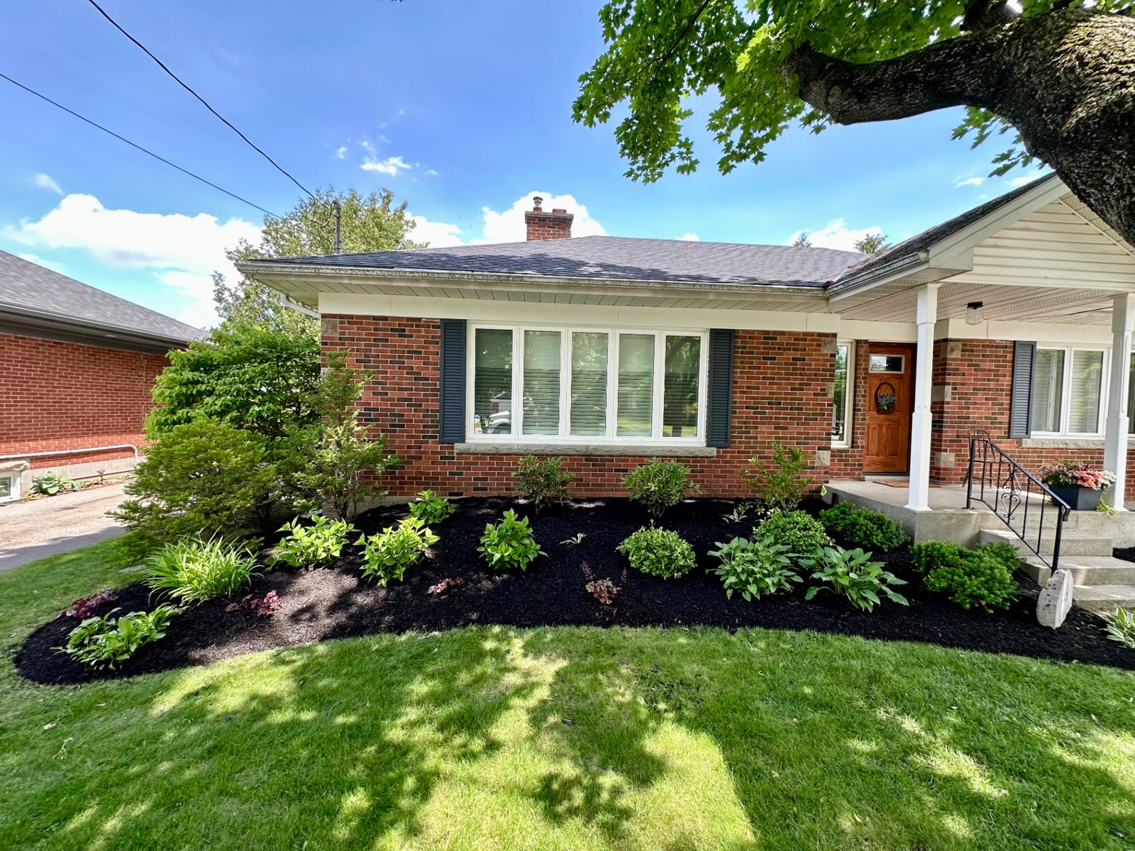 Completed front entry bed with layered shrubs, hostas and grasses in black mulch beside a green lawn.