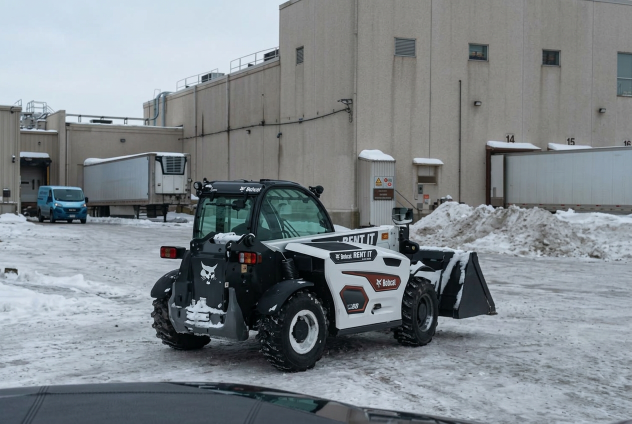 Snow plow truck clearing accumulated snow from a commercial property in Brantford.