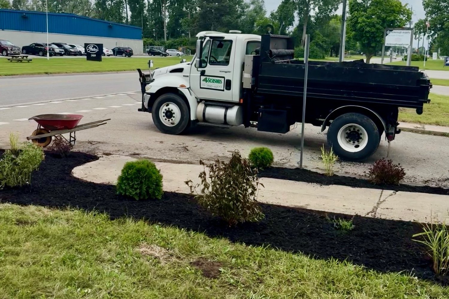 White 4 Seasons Landscaping dump truck loaded with mulch parked beside a freshly mulched commercial garden bed with new shrub plantings along a Brantford property frontage.