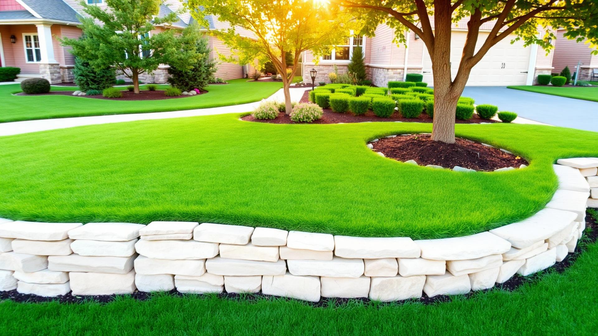 Front yard with new sod lawn, natural stone retaining wall and layered garden beds.