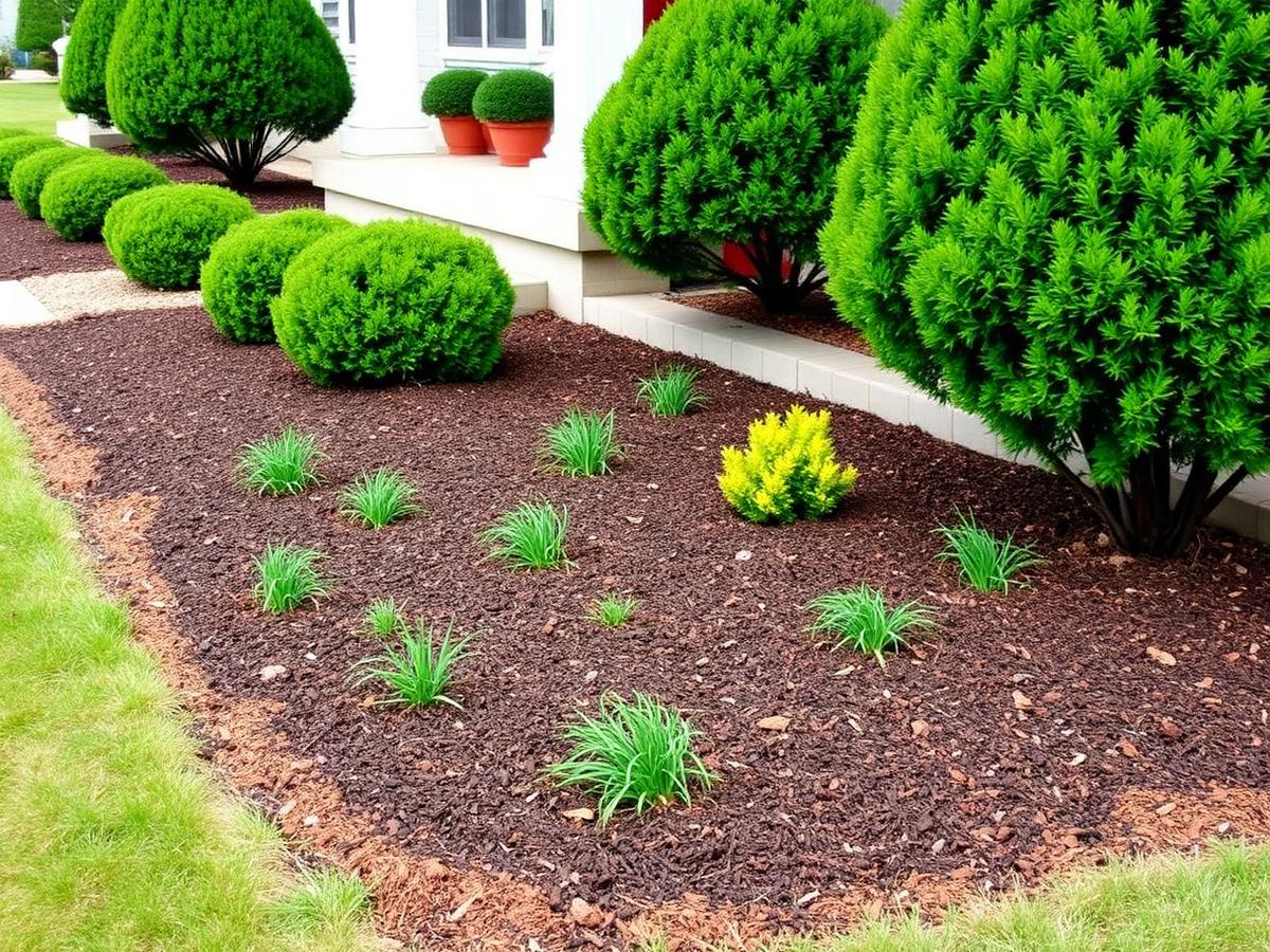 Freshly weeded and mulched garden beds with trimmed shrubs along a house foundation.