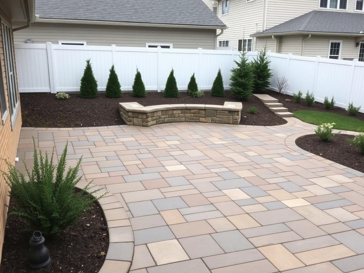 Interlocking stone patio with a low stone seating wall and planted borders.